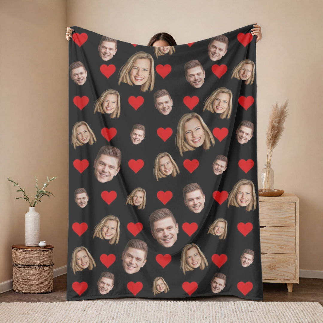 "Hearts & Faces" Custom Couples Photo Blanket